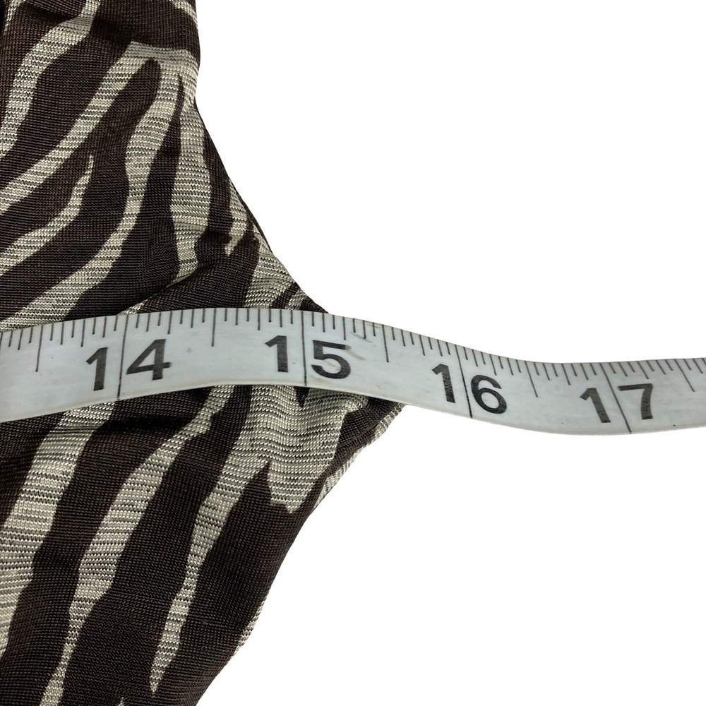 Y2K IZ Byer Zebra Dress Medium Brown Ruched Babydoll Empire Tie Waist Sleeveless - Picture 11 of 14